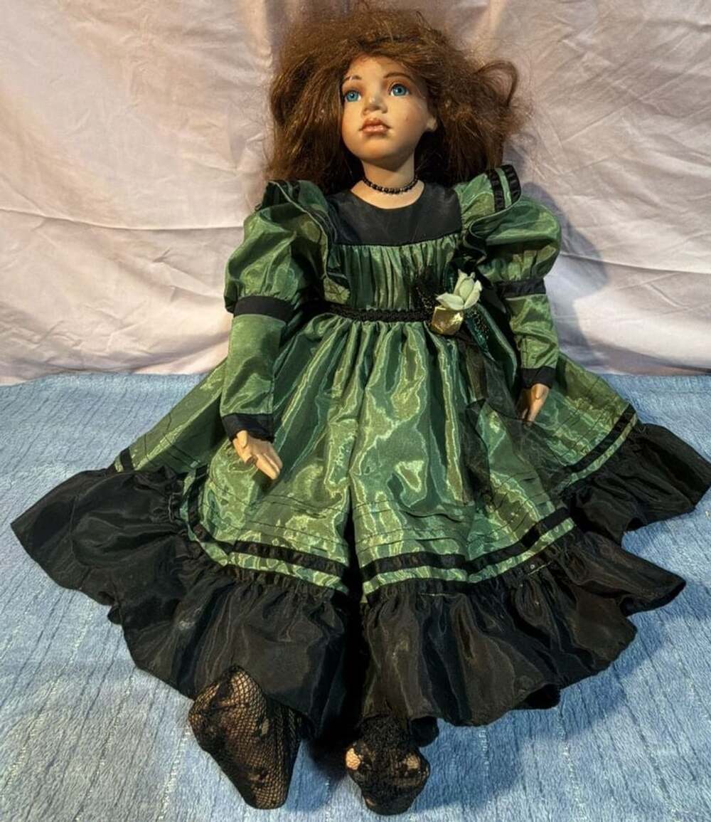 Collectible Porcelain Doll Green Satin Dress Victorian Style